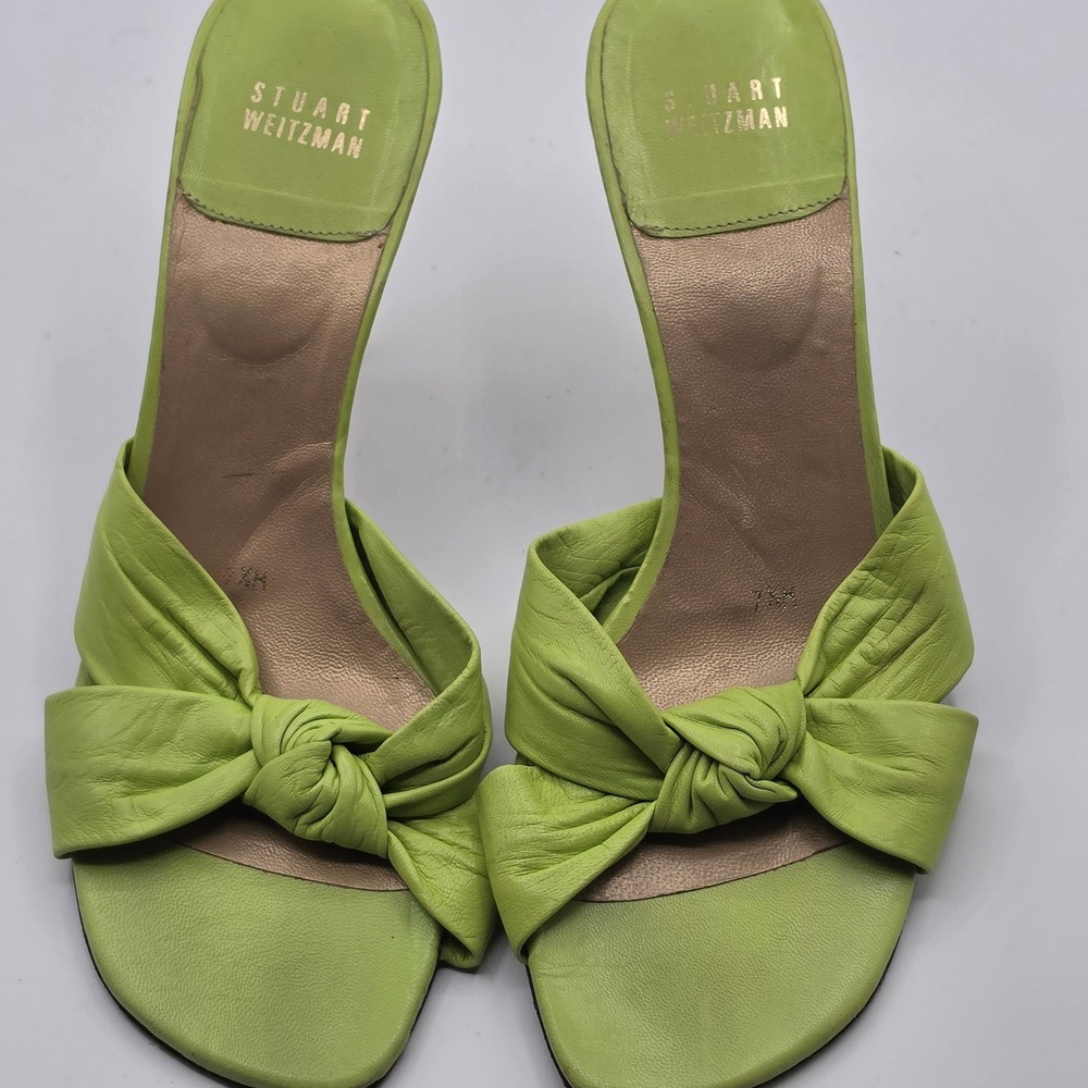 Stuart Weitzman Sandals Womens 7.5 Green Good Leather Knot Kitten Heel Slides - Picture 5 of 5